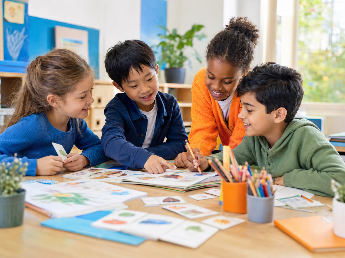 Primary-school children from different backgrounds learning together