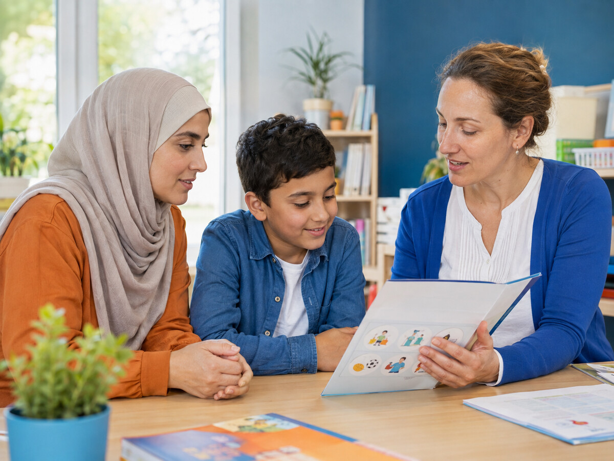 Ouder en kind krijgen uitleg over onderwijs in Nederland