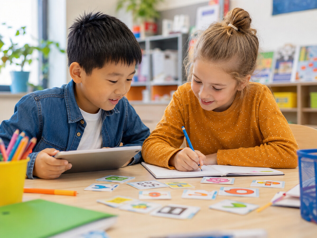 Children practising language and schoolwork together