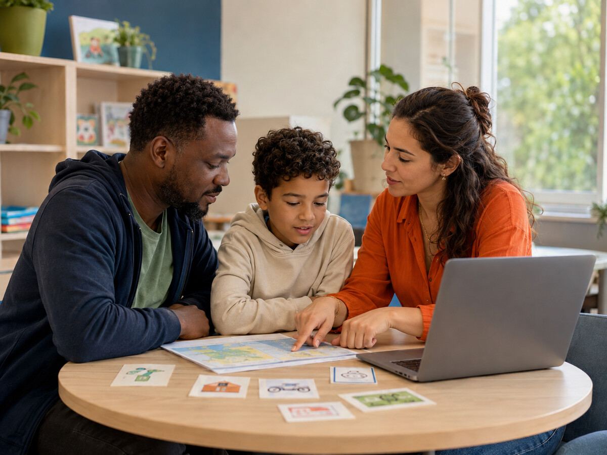 Ouder en kind zoeken informatie op een laptop